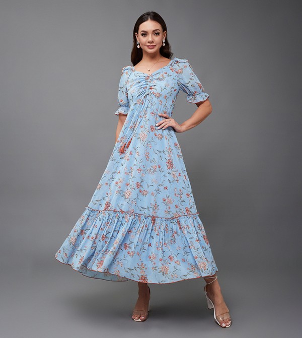All-Over Printed Ruched Detail A-Line Maxi Dress