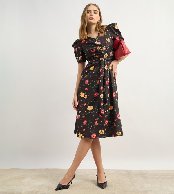 Floral Print A-Line Midi Dress with Puff Sleeves