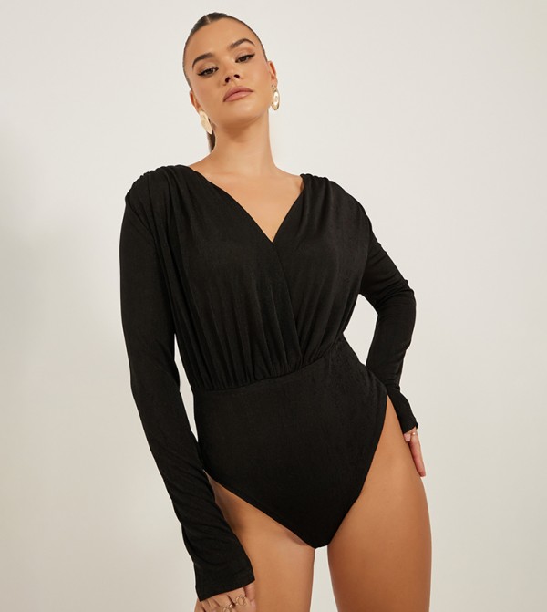 Gathered Detail V-Neck Wrap Bodysuit Top