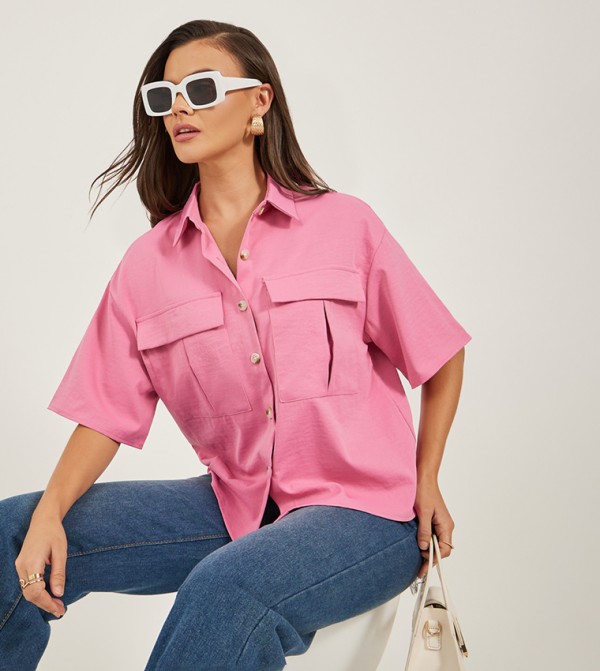 Solid Drop Shoulders Boxy Shirt with Double Pockets