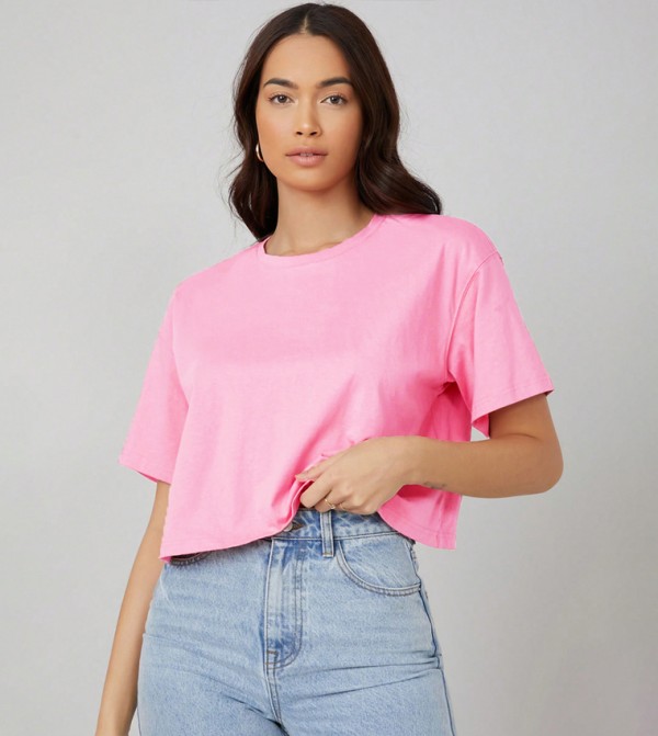 Solid Short Sleeves Oversized Crop T-Shirt