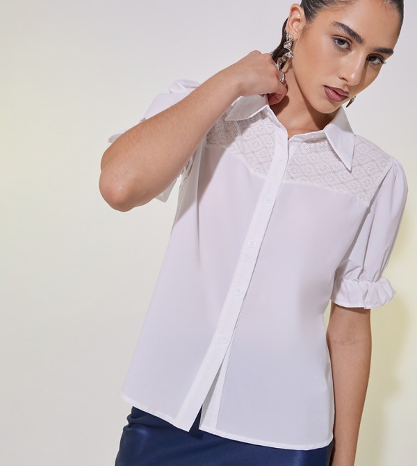 Paneled Detail Puff Sleeves Regular Fit Shirt