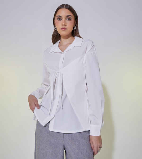 Solid Long Sleeves Wrap Shirt with Tie-Up Detail
