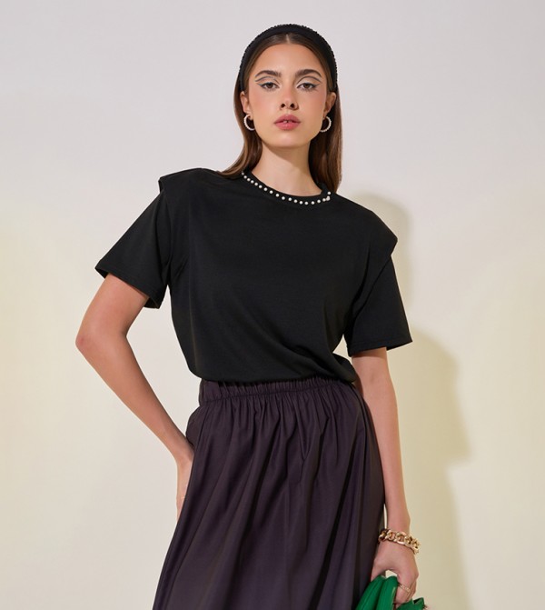 Faux Pearl Embellished Round Neck T-Shirt
