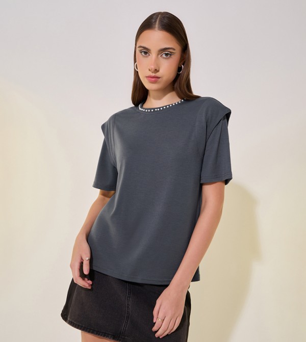 Faux Pearl Embellished Round Neck T-Shirt