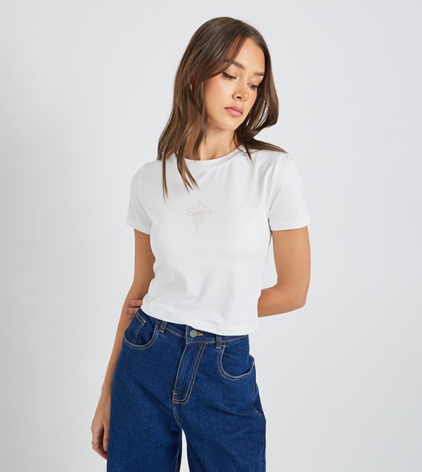 Rhinestone Embellished Cropped Fitted T-Shirt