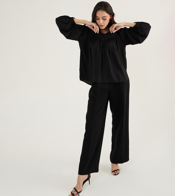 Solid Balloon Sleeves Pleated Top with Button Detail