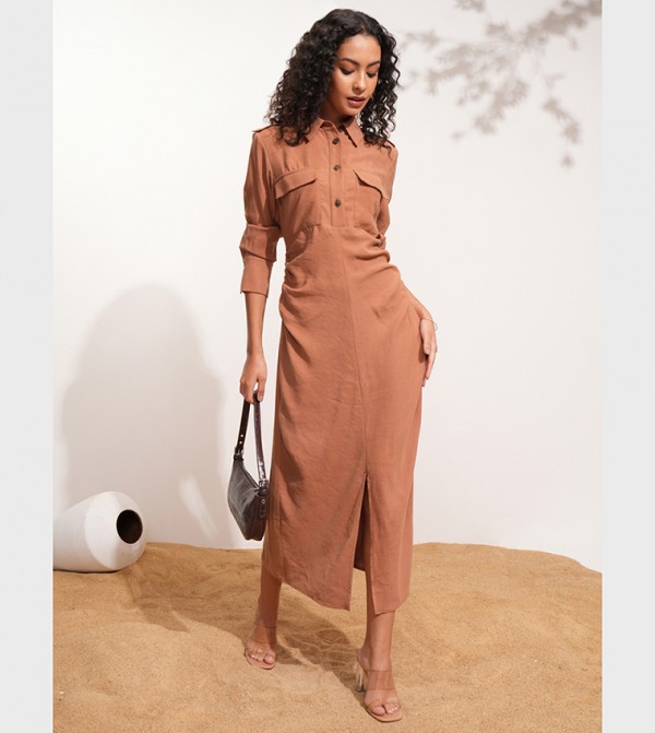 Solid Collared Shirt Midi Dress with Front Slit Detail