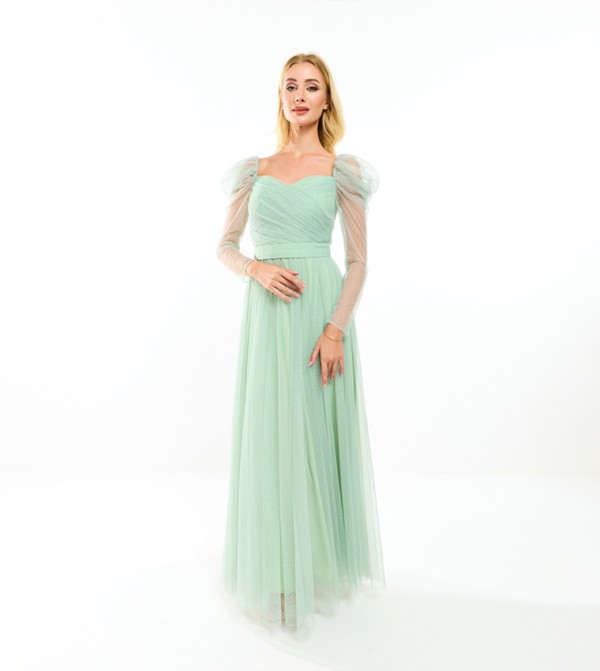 Gathered Mesh Puff Sleeves Maxi Dress with Waist Belt