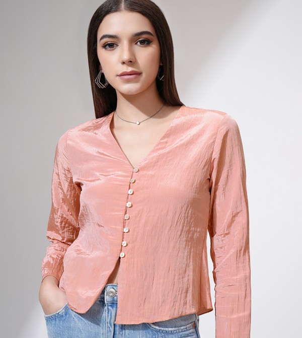 Textured V-Neck Buttoned Top