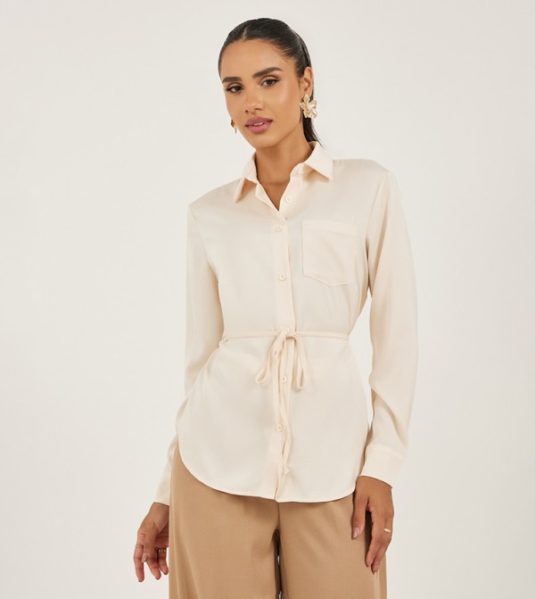 Solid Regular Fit Spread Collar Shirt with Belt Detail