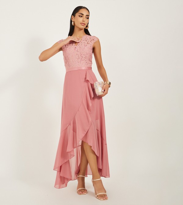 Lace Ruffled Asymmetric Hem A-Line Midi Dress