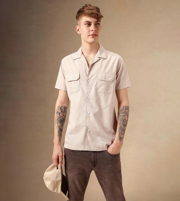 Solid Relaxed Fit Spread Collar Shirt with Pocket
