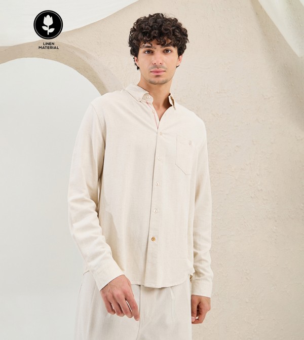 Regular Fit Linen Blend Shirt with Contrast Stitch Detail
