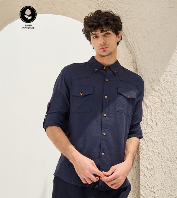 Regular Fit Spread Collar Shirt with Chest Pockets