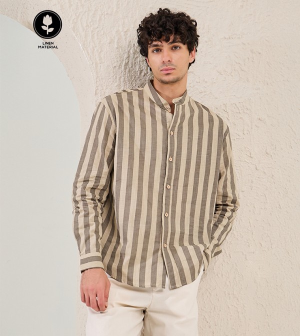 Striped Relaxed Fit Mandarin Collar Shirt
