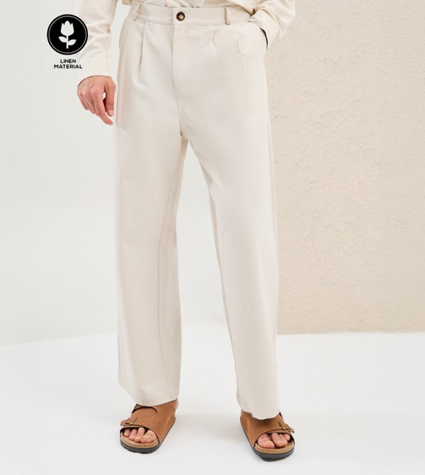 Solid Linen Blend Pleated Oversized Fit Trousers