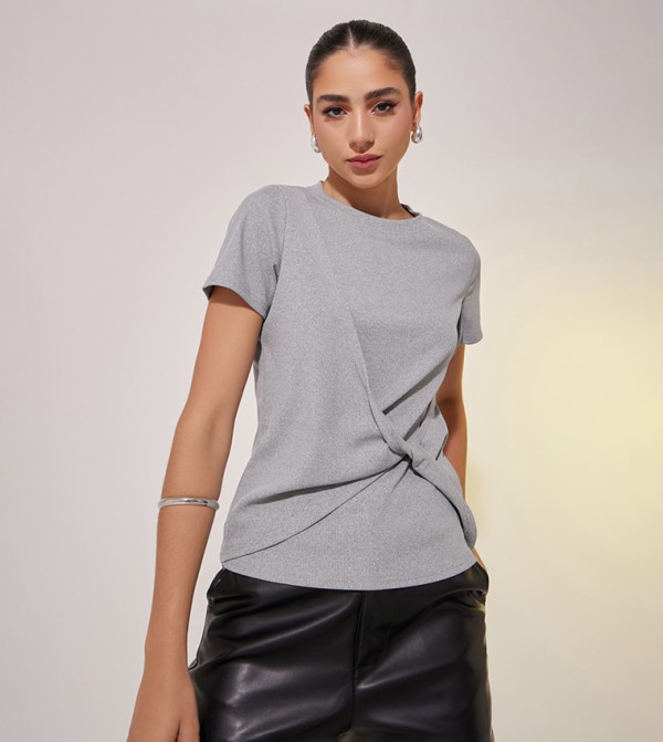 Rib Crew Neck Front Twist T-Shirt