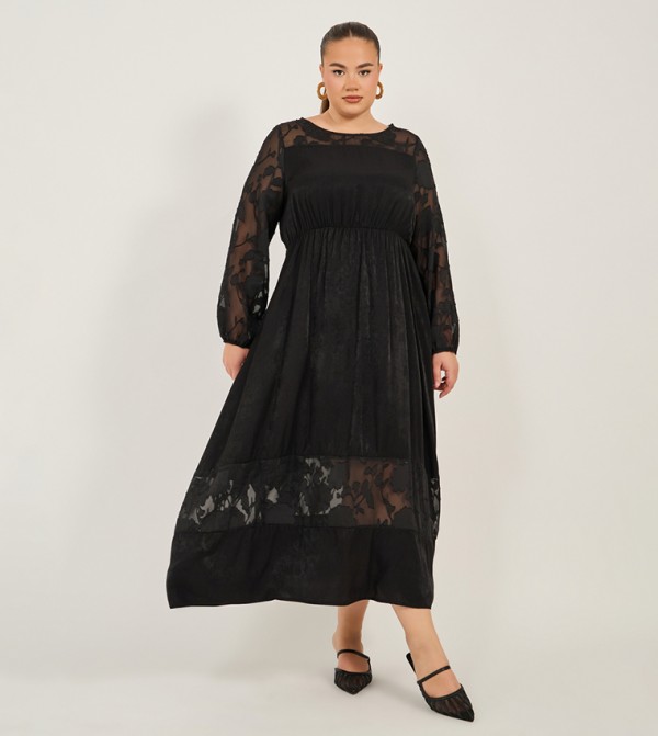 Long Sleeve Aline Midaxi Dress with Interest Fabric