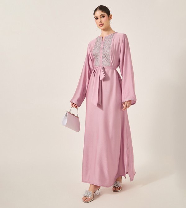 Satin Lace Insert Notch Neck Jalabiya