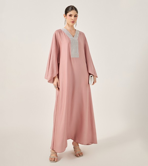 Satin Flared Sleeves Embellished V-Neck Jalabiya