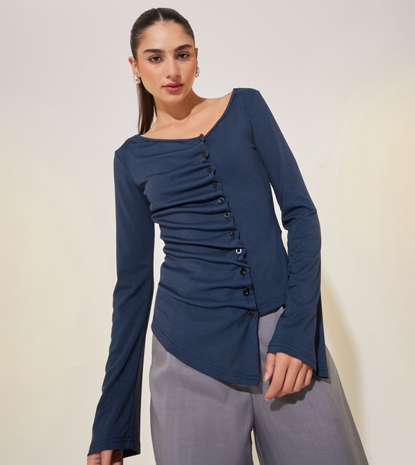 Textured Long Sleeves Top with Button Detailing