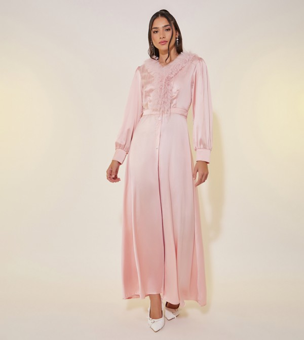 Solid Satin V-Neck Feather Trim Maxi Dress