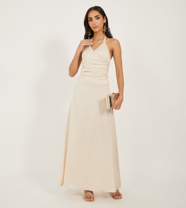 Solid Ruched Halter Neck A-Line Maxi Dress