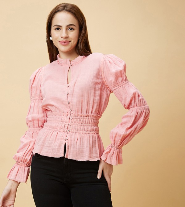 Textured Mandarin Collar Puff Sleeves Top