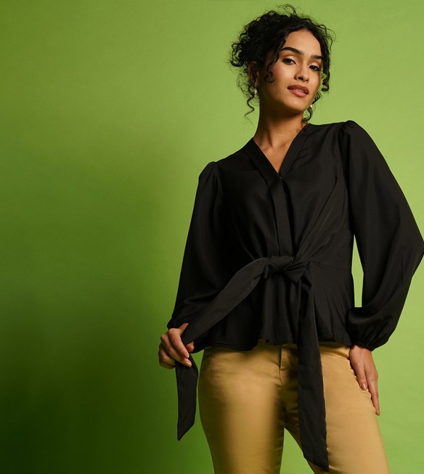 Solid Wrap Balloon Sleeves Top with Tie-Up Detail