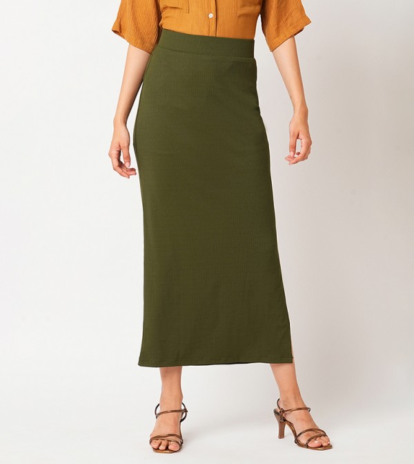Textured High-Rise Side Slit Pencil Maxi Skirt
