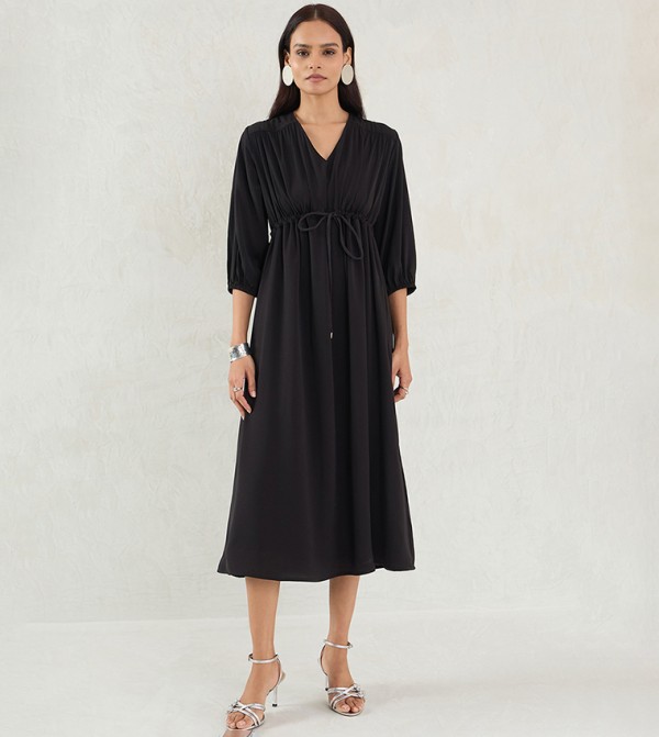 Satin Ruched Waist V-Neck Midi Dress