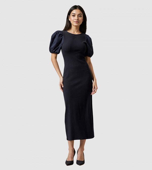 SASIA Ribbed Puff Sleeves Midi Dress