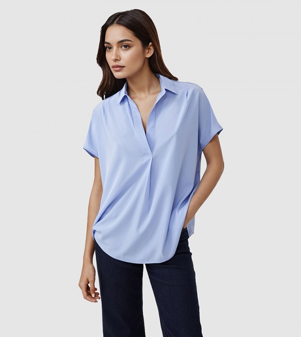 Solid Collared Short Sleeves Top
