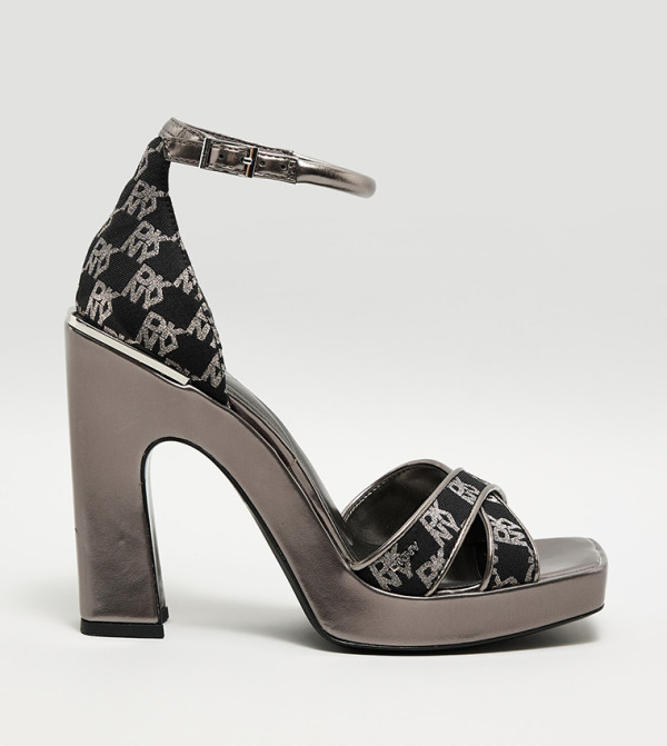 LINDA Logo Printed Ankle Strap Block Heel Sandals