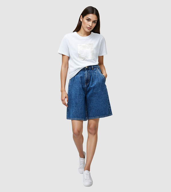 Sequined Jersey Short Sleeves T-Shirt