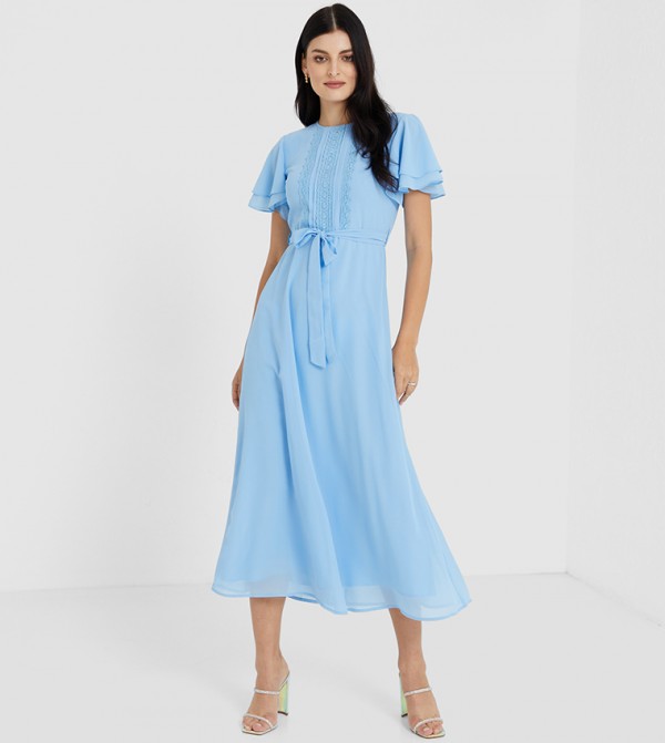 Girls Solid Colored Maxi Dress With Layered Sleeves