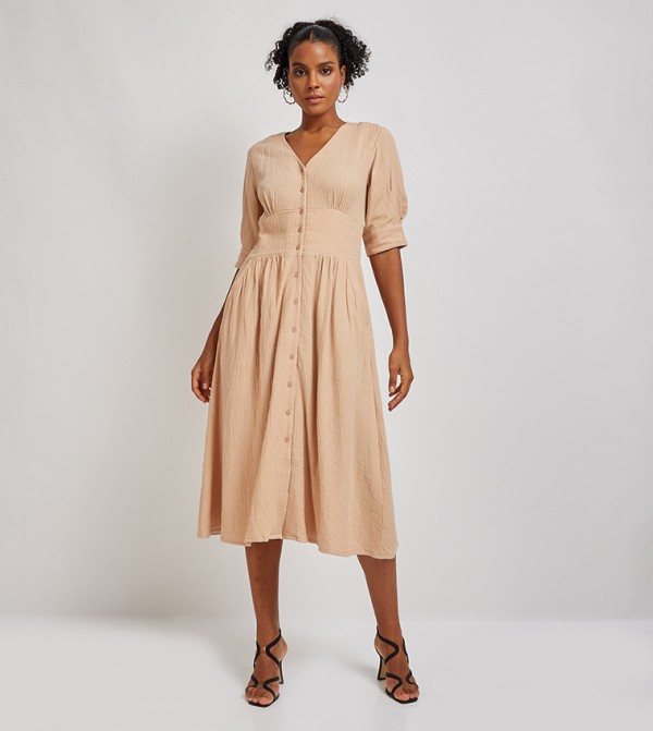 Aero Crinkled Short Sleeves Midi Dress