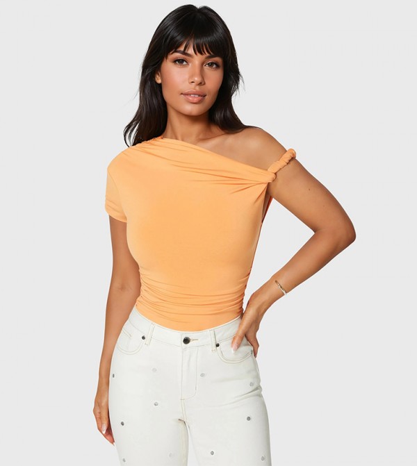 Asymmetrical Shoulder Ruched Bodysuit Top