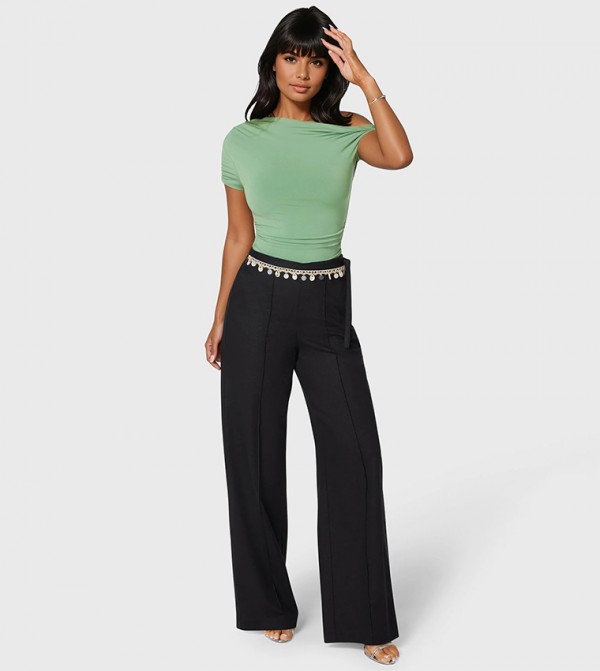 Beaded Waist Straight Fit Linen Pants