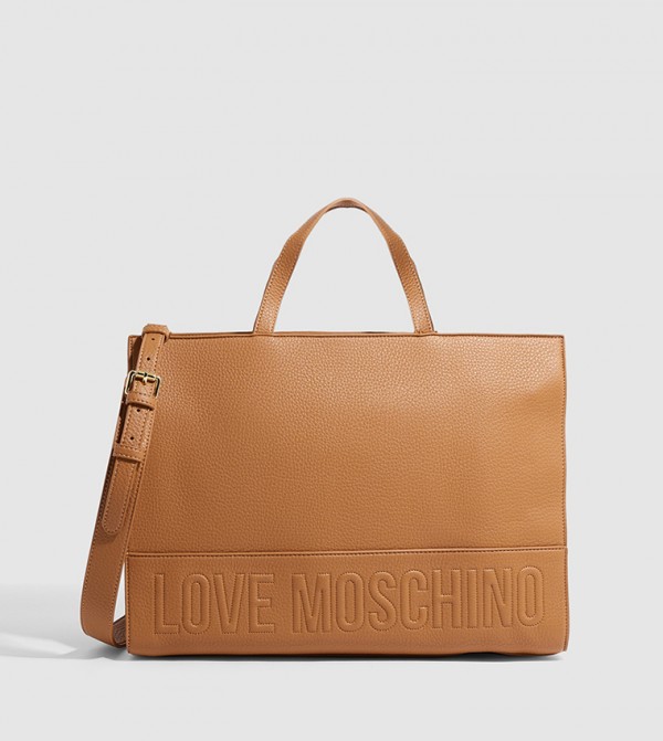 Buy Love Moschino Logo Embossed Zippered Tote Bag In Brown