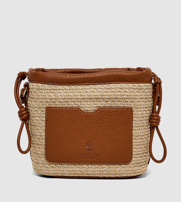 Contrast Trim Straw Drawstring Bag