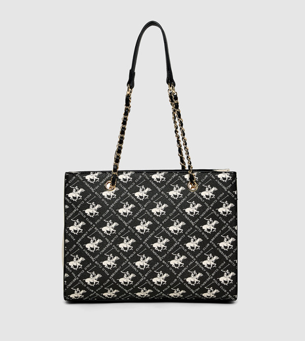 Logo Patterned Zippered Shoulder Bag