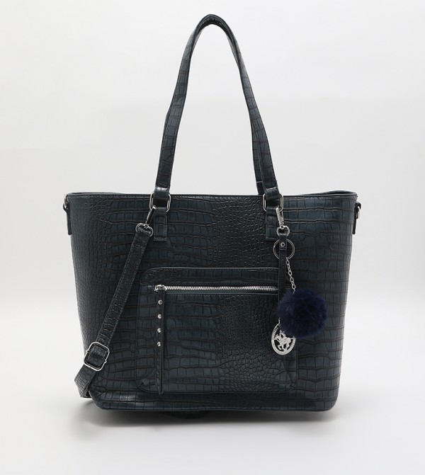 Croc Textured Pom Pom Detail Shoulder Bag