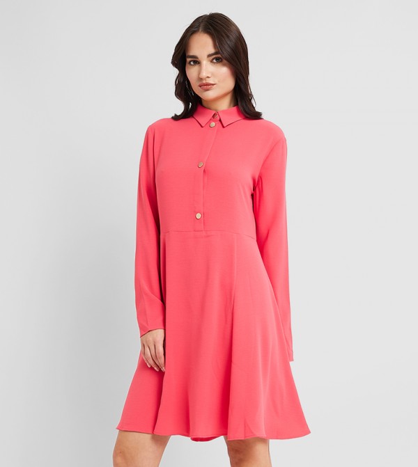 Button Detail Long Sleeves Flared Dress