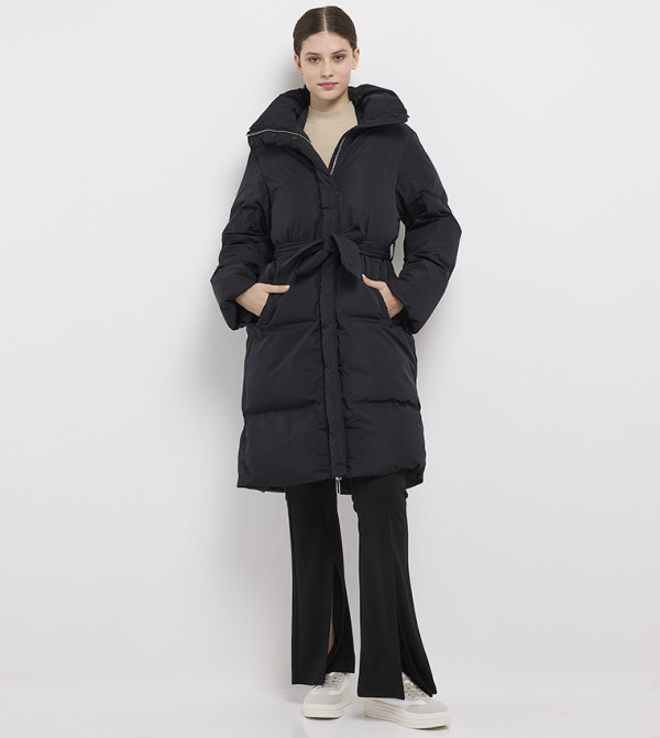 Tie Waist Long Sleeves Puffer Coat