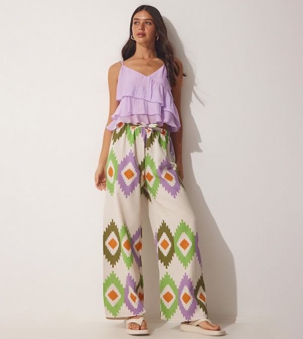 Buy Happiness İstanbul Patterned Linen Palazzo Pants In Cream