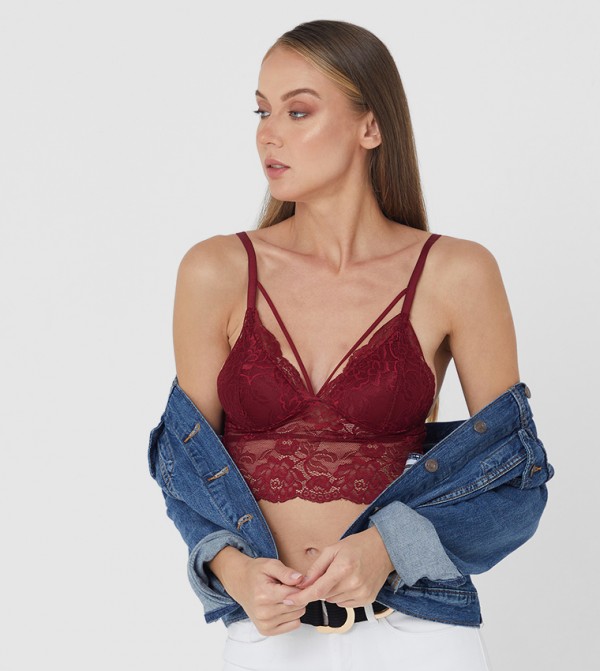 Burgundy Lined Elastic Lace Bralette, Cropped Cami -  Australia