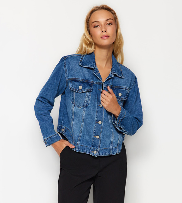 Buy Trendyol Faded Shirt Collar Oversized Denim Jacket In Navy
