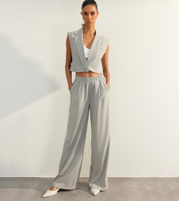 Pinstripe Tie Waist Tailored Wide Leg Trousers